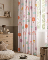 Pastel rainbow kids curtains styled with neutral decor