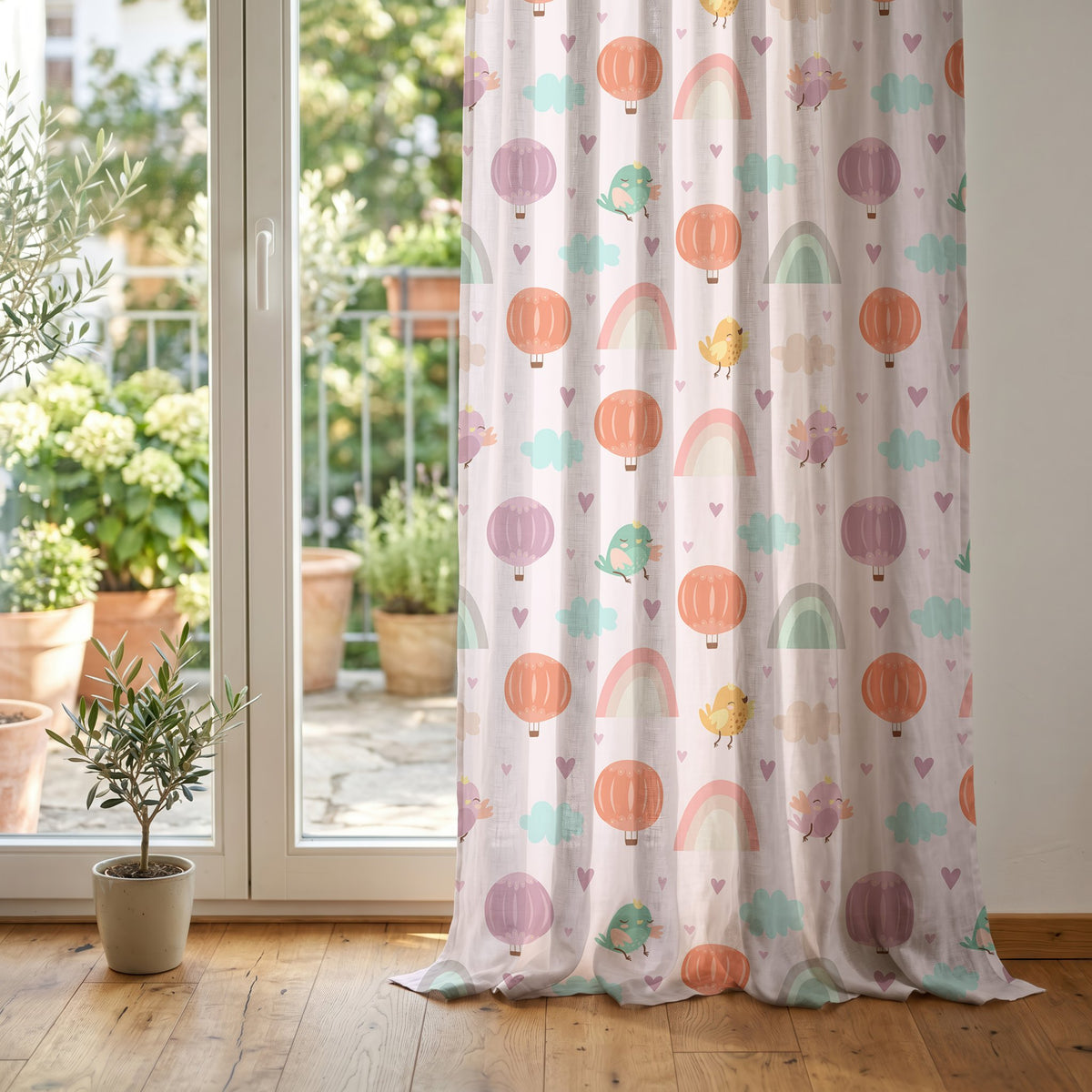 Pastel rainbow kids curtain at glass patio doors