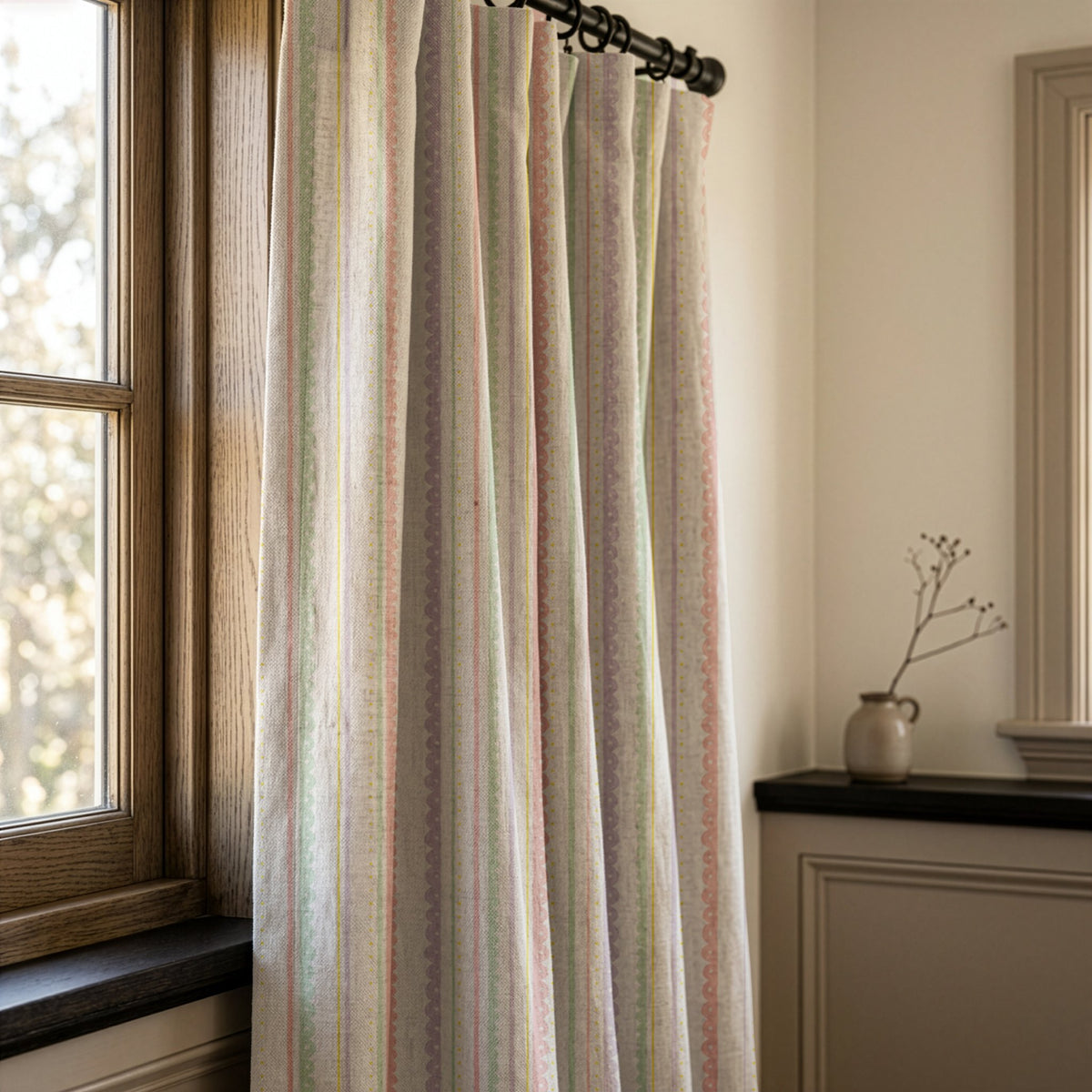 Pastel stripe curtains in a warm living room