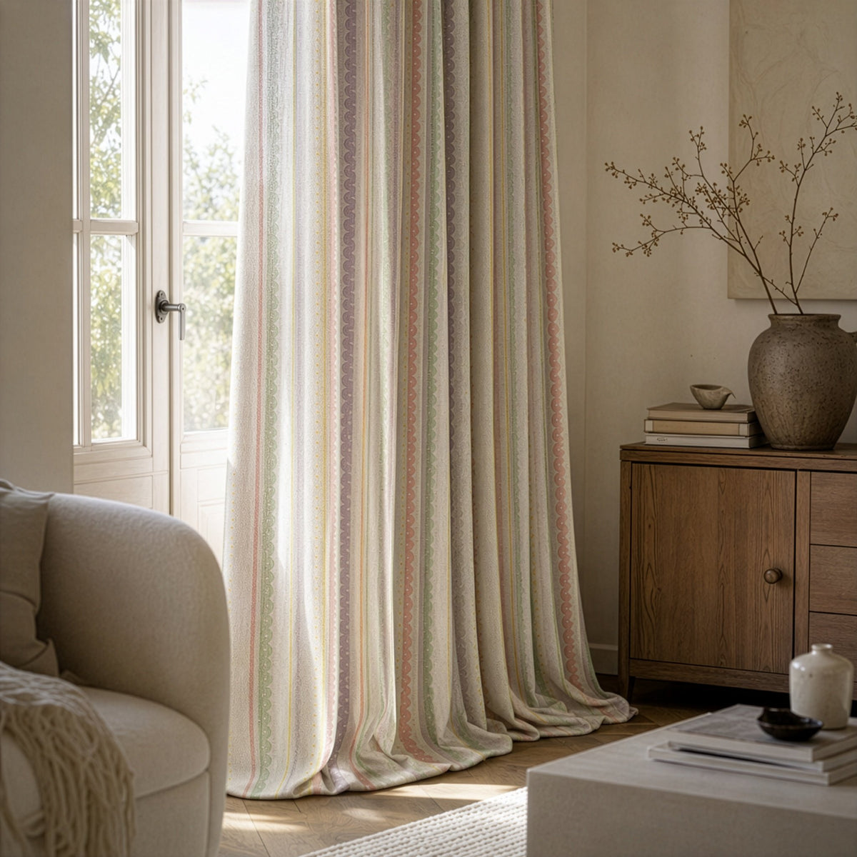 Pastel stripe curtains in a living room