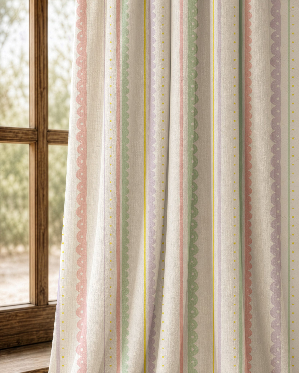 Pair of pastel stripe curtains at an arched window