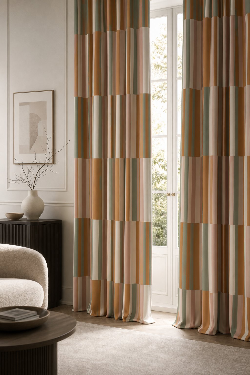 Patchwork color block curtains in a living room