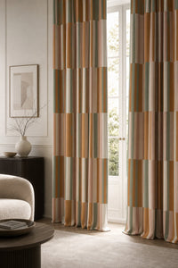 Patchwork color block curtains in a living room