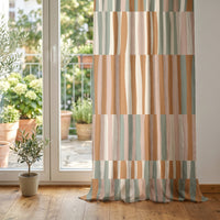 Patchwork color block curtain at glass patio doors