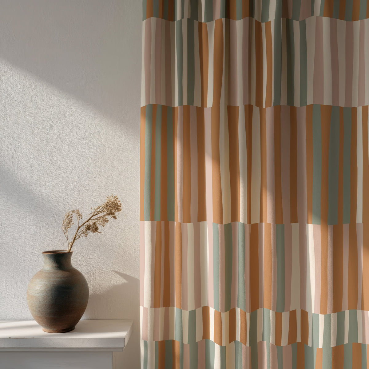 Soft daylight through a patchwork color block curtain
