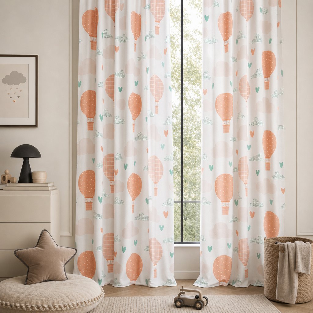 Peach hot air balloon nursery curtains in a child's bedroom