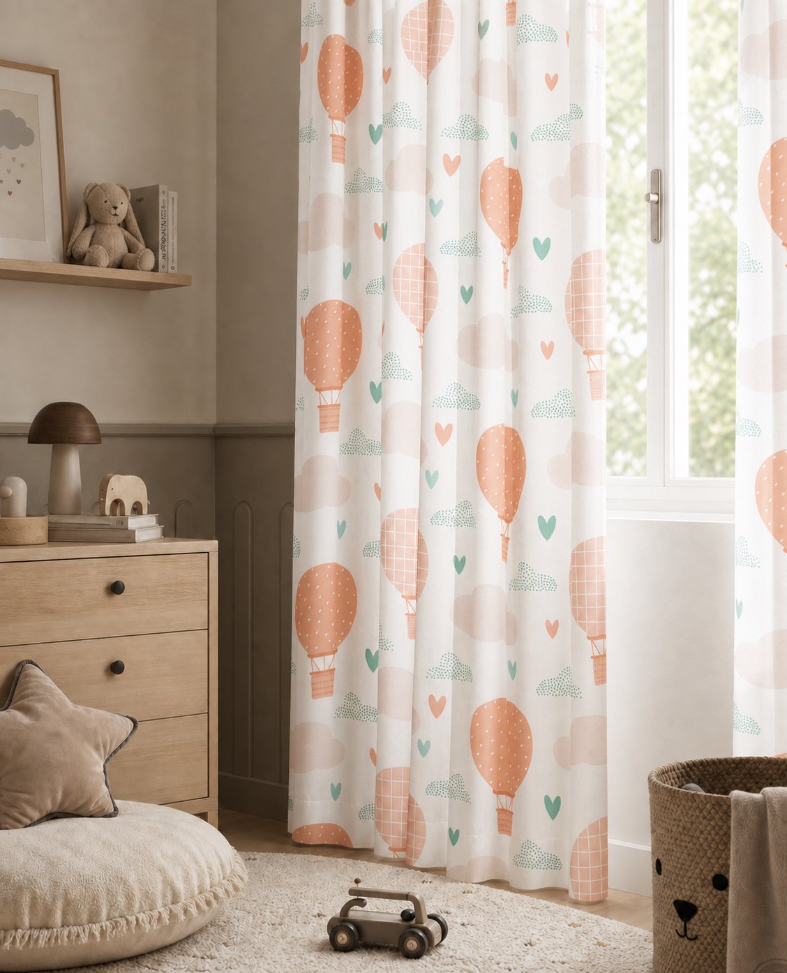 Peach hot air balloon nursery curtains styled with neutral decor
