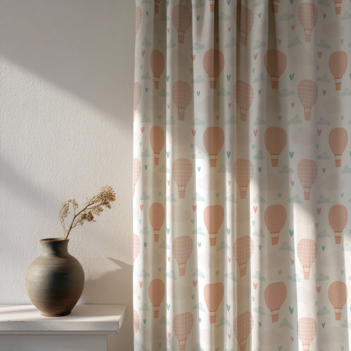Soft daylight through a peach hot air balloon nursery curtain