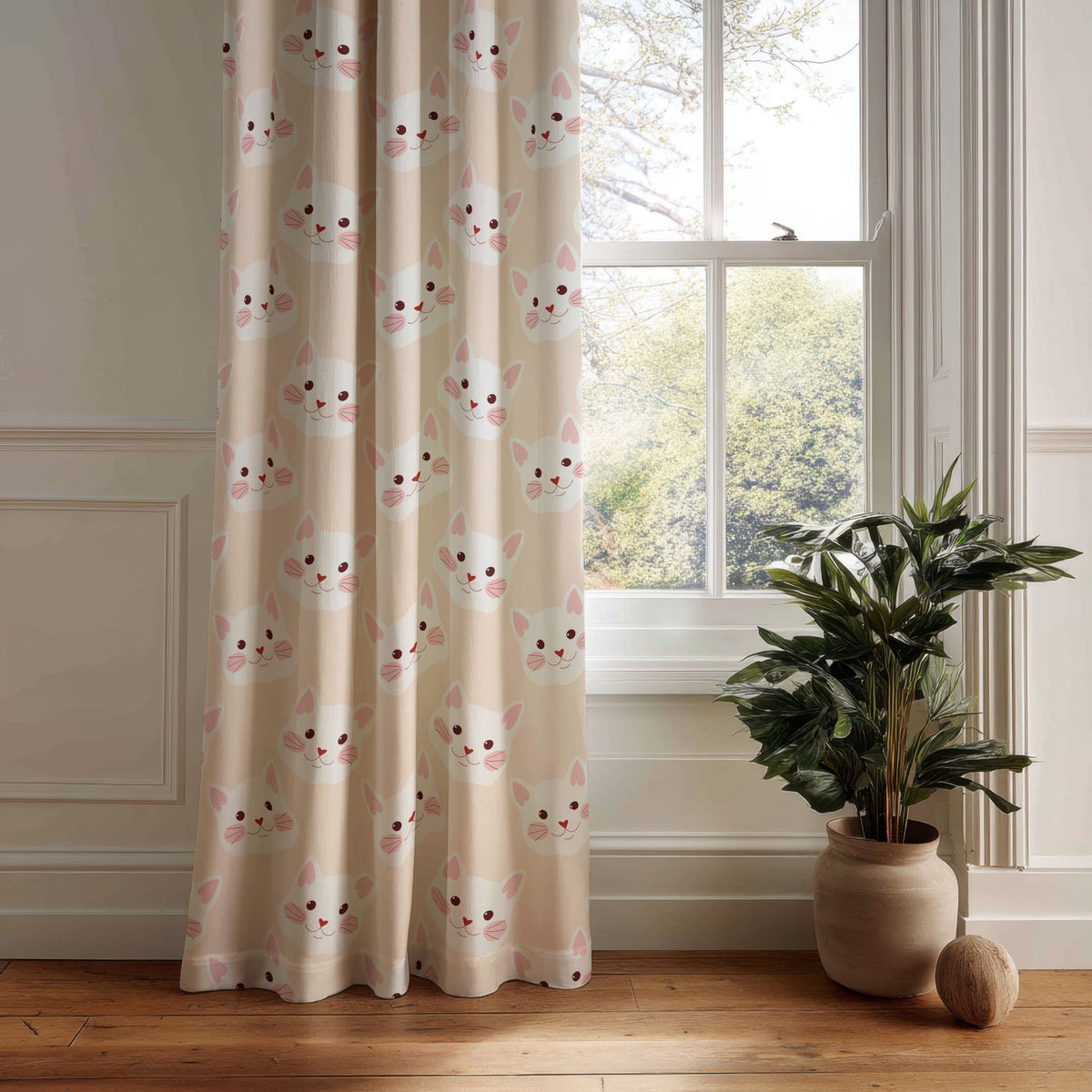 Peach kitten kids curtain panel hanging by a white window