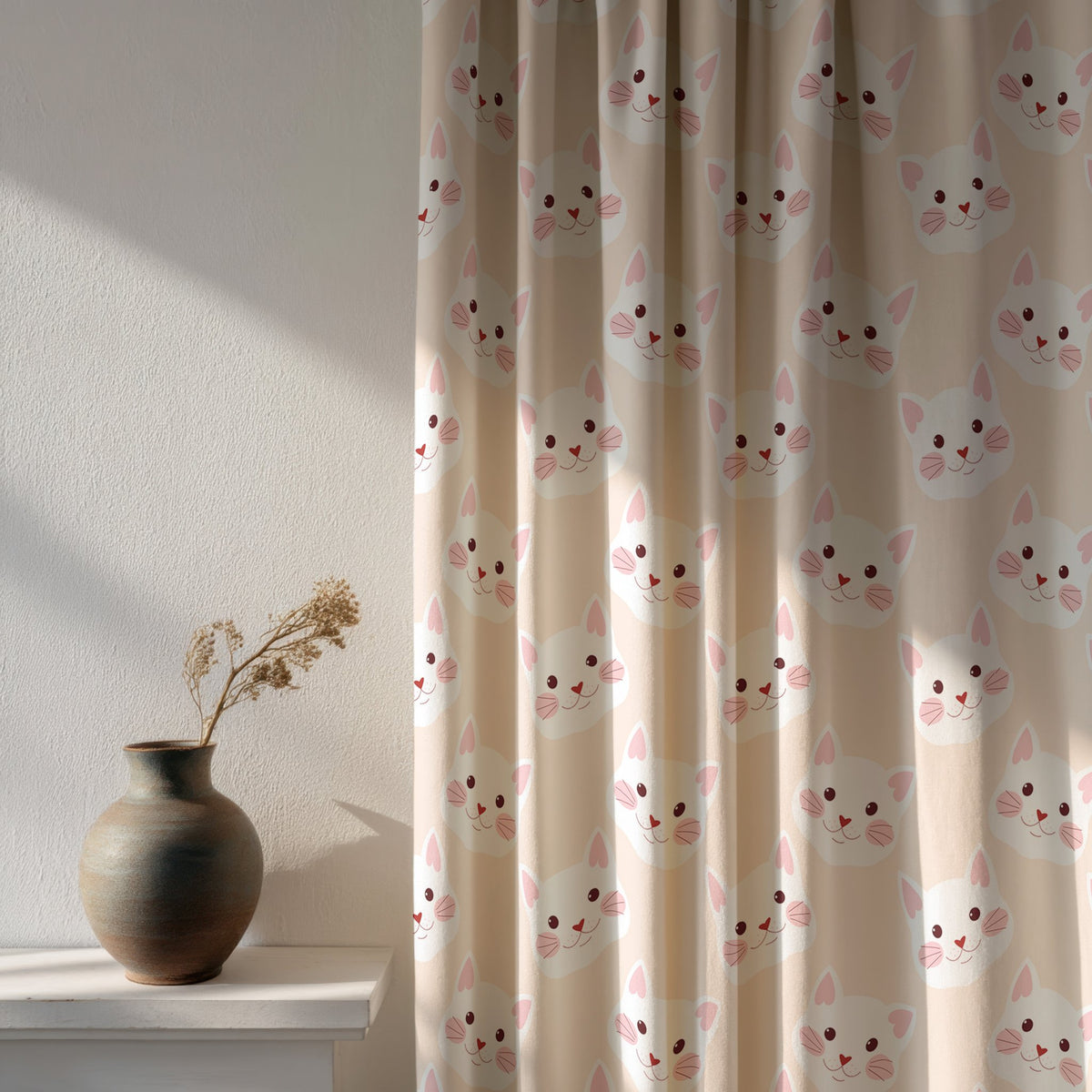 Soft daylight through a peach kitten kids curtain