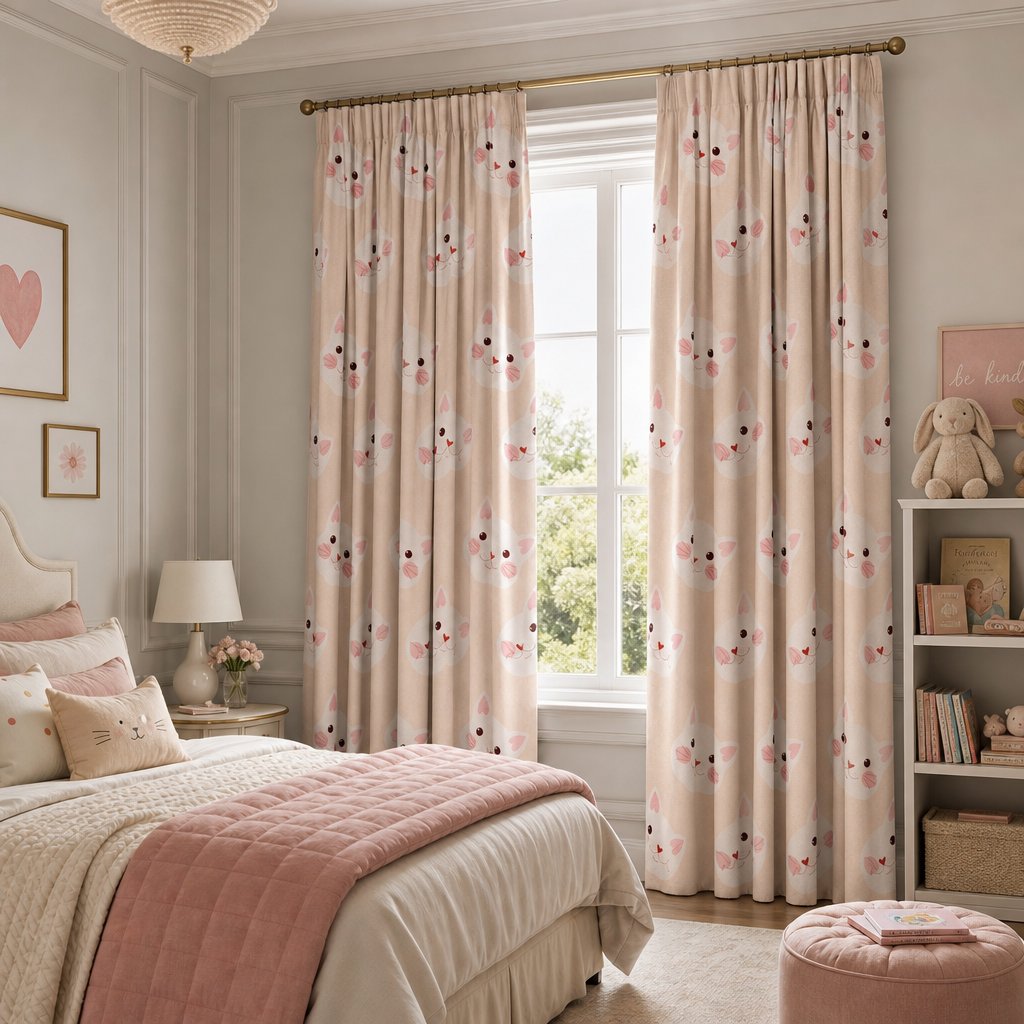 Peach kitten kids curtains in a child's bedroom