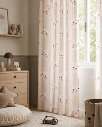 Peach kitten kids curtains styled with neutral decor