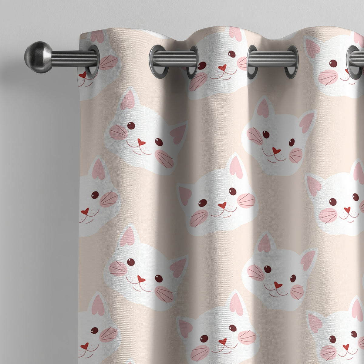 Peach kitten kids curtain on a grommet rod, close-up of the print