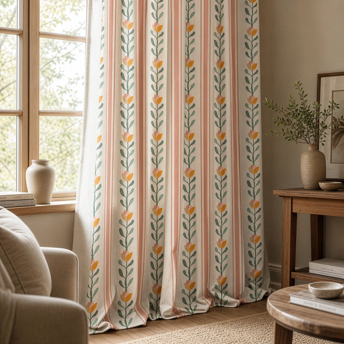 Pink and blue folk vine stripe curtains in a living room