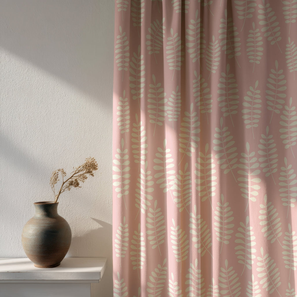 Soft daylight through a pink fern leaf nursery curtain