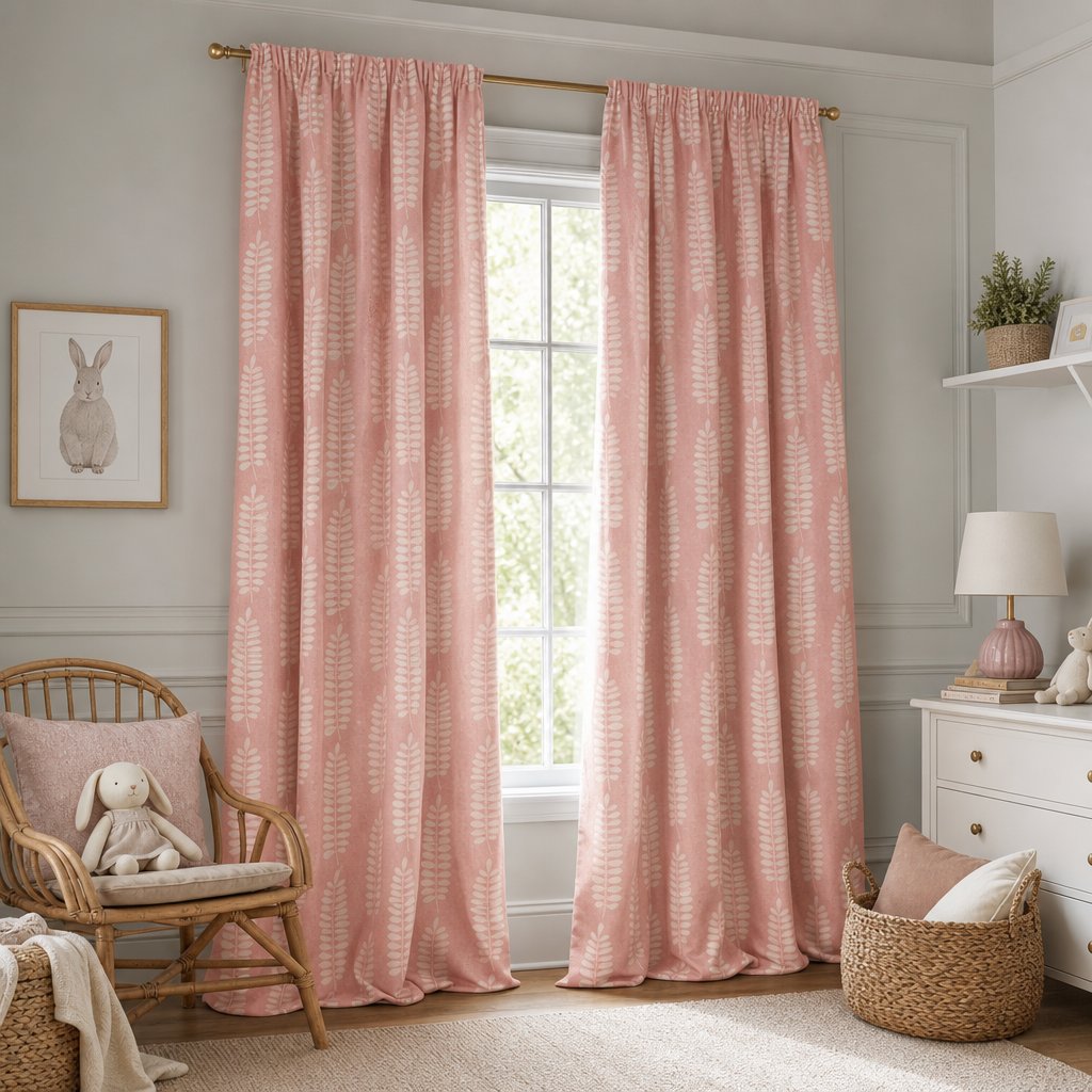 Pink fern leaf nursery curtains in a child's bedroom