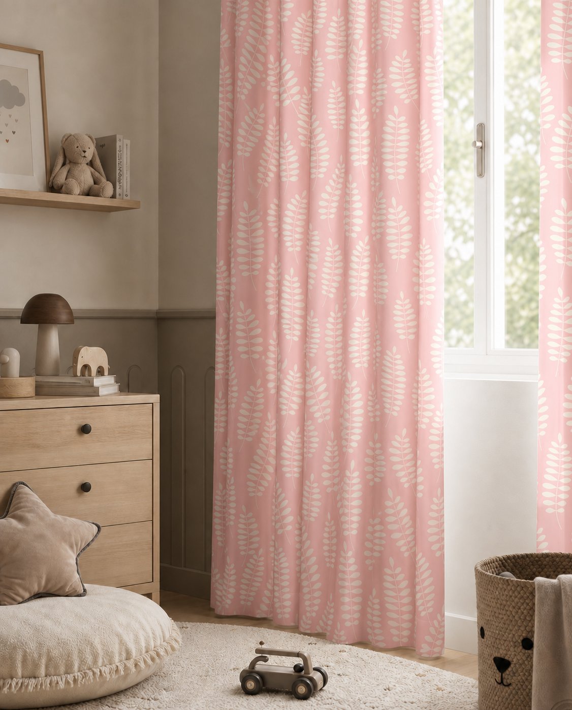 Pink fern leaf nursery curtains styled with neutral decor
