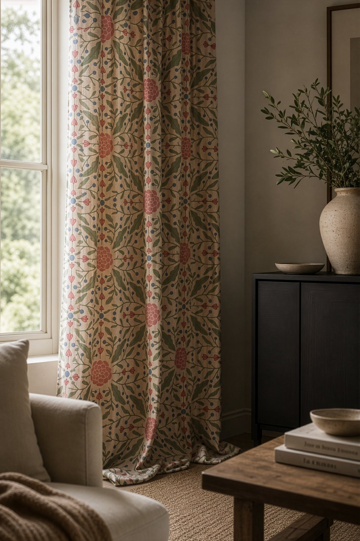 Pink folk medallion curtains in a living room