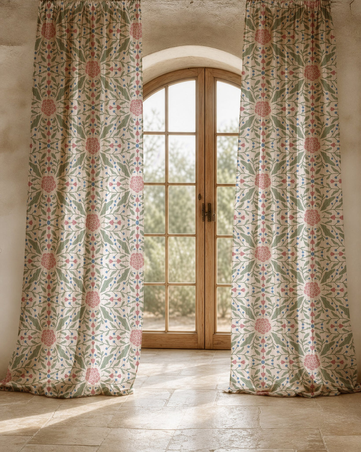 Two long pink folk medallion curtain panels
