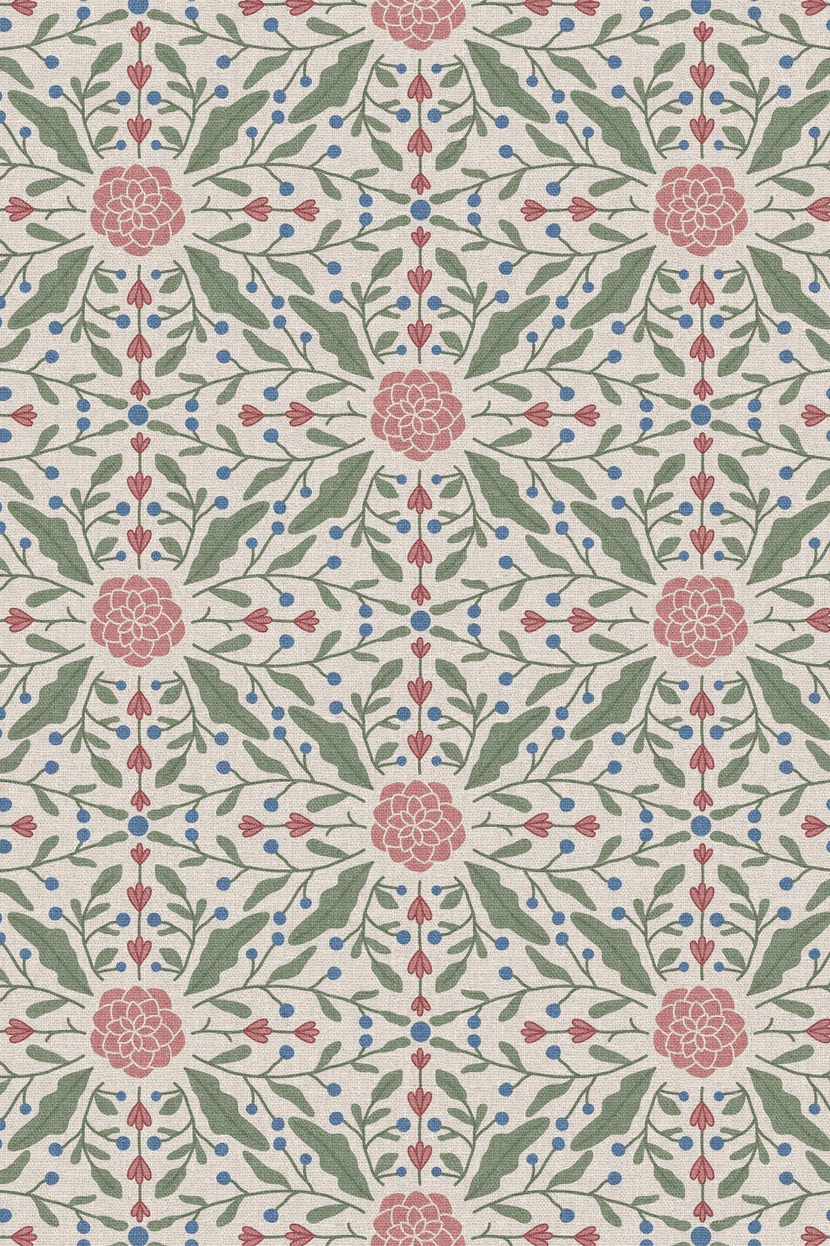 Close-up of the pink folk medallion pattern repeat
