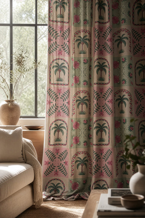 Pink and mint palm tile curtains in a living room