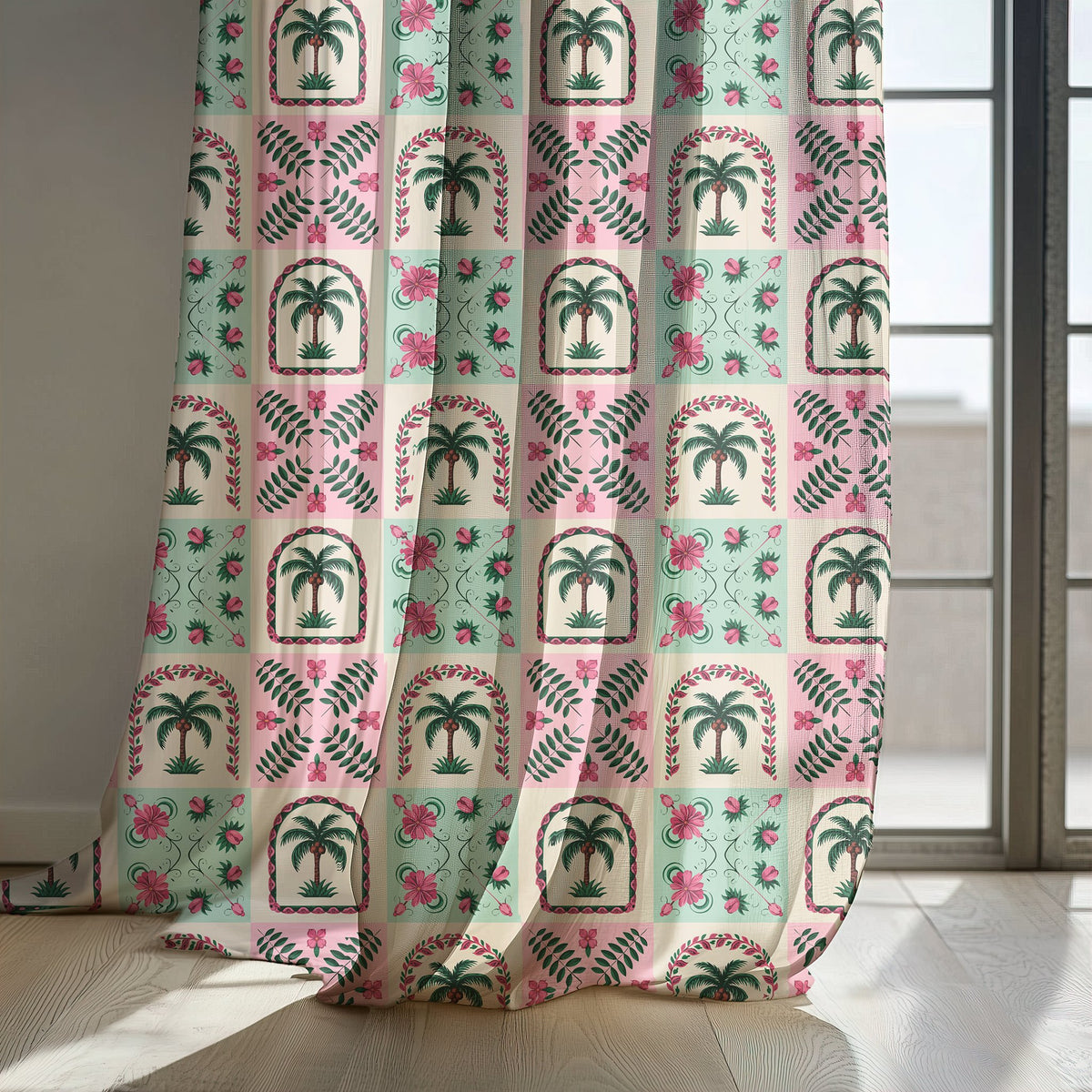 Pink and mint palm tile curtain panels by a sunny window