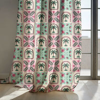 Pink and mint palm tile curtain panels by a sunny window