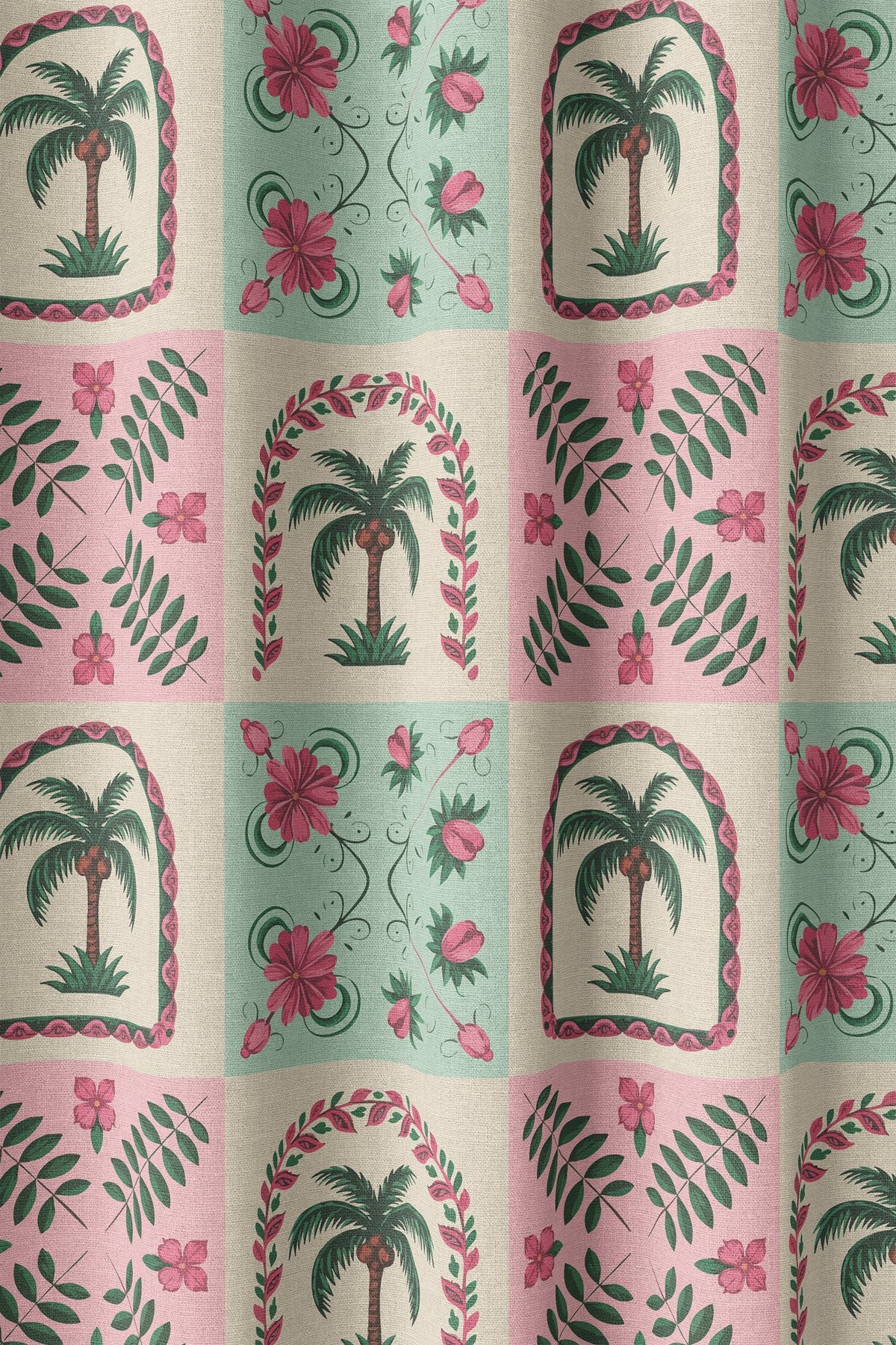 Flat view of the pink and mint palm tile print