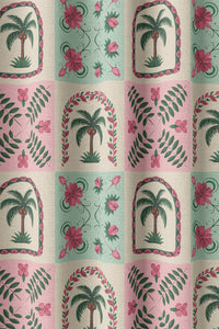 Flat view of the pink and mint palm tile print