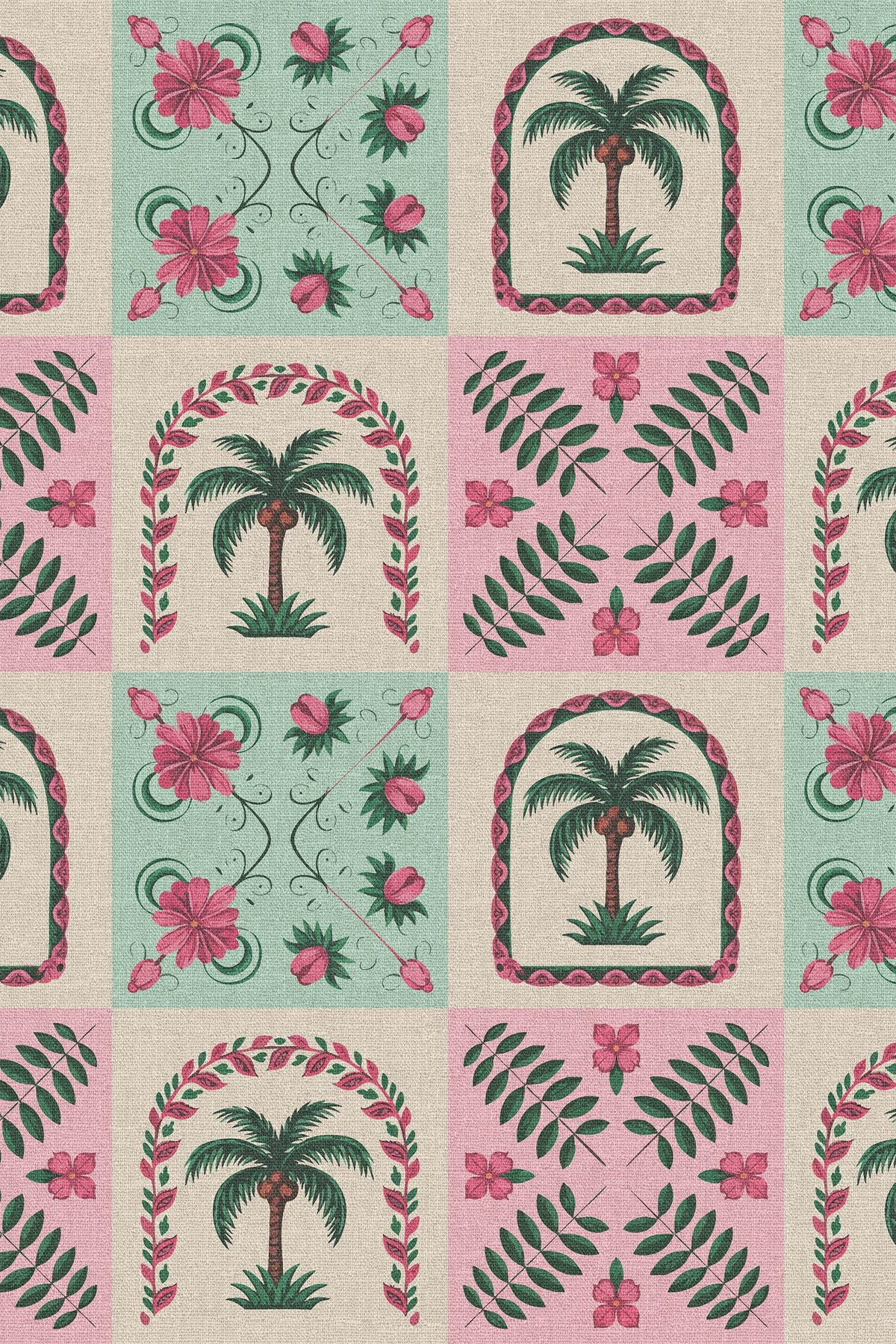Close-up of the pink and mint palm tile pattern repeat