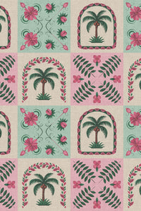 Close-up of the pink and mint palm tile pattern repeat