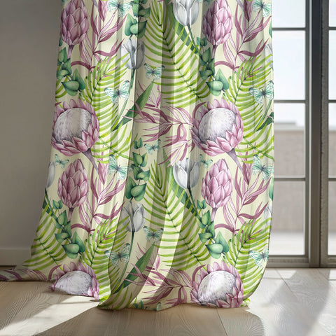 Pink protea and fern curtain panels by a sunny window