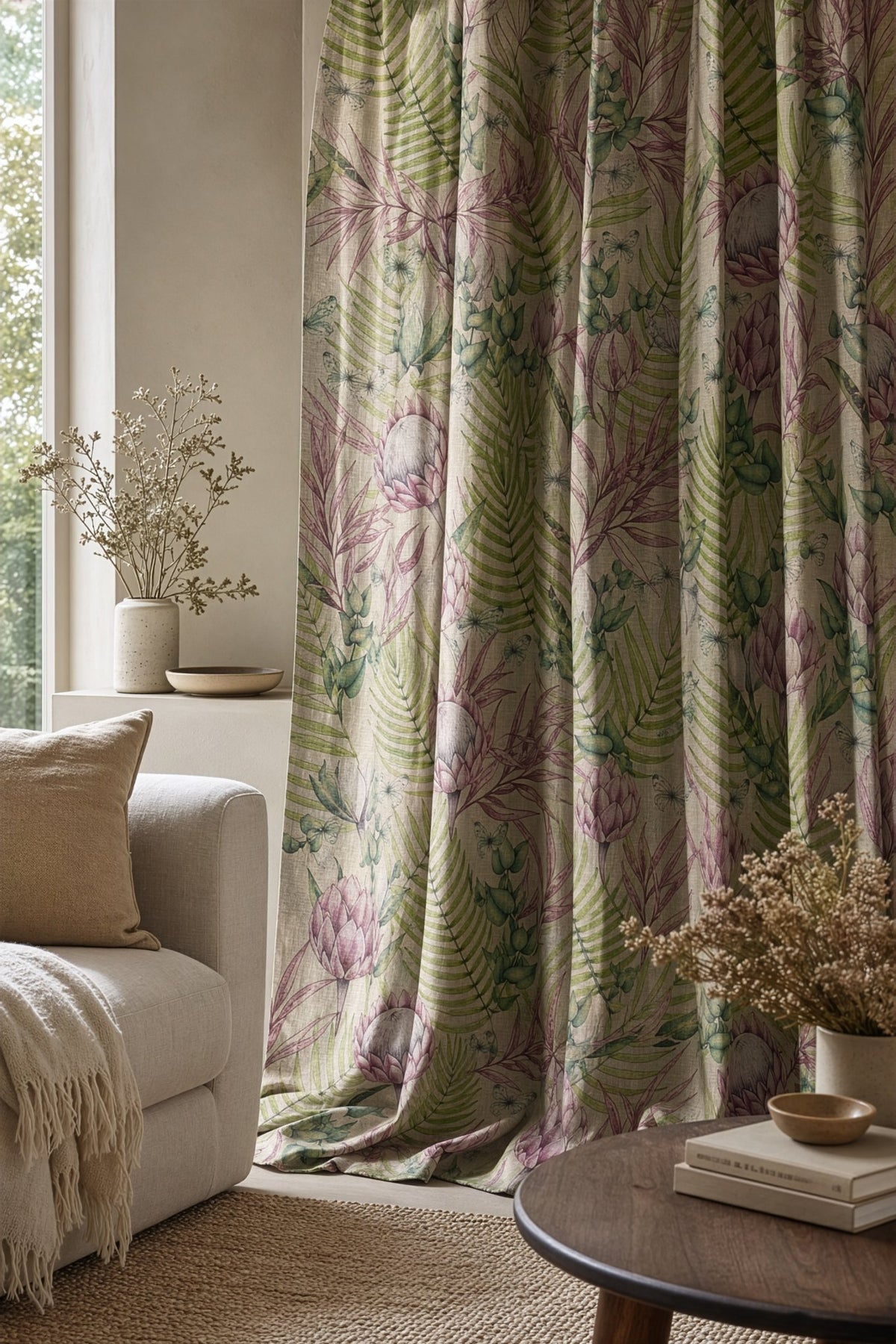 Pink protea and fern curtain on a black rod by a window