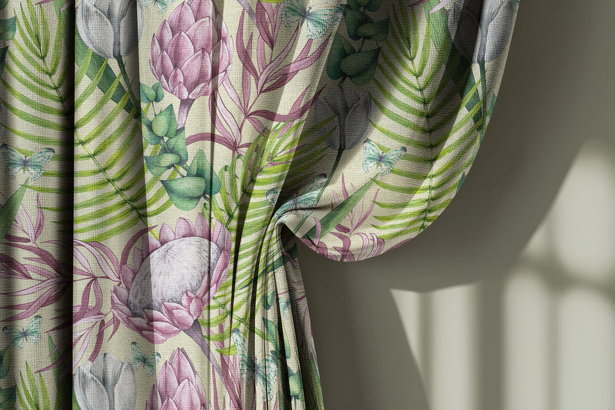 Pink protea and fern curtain gathered to one side