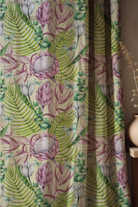 Soft folds of a pink protea and fern curtain