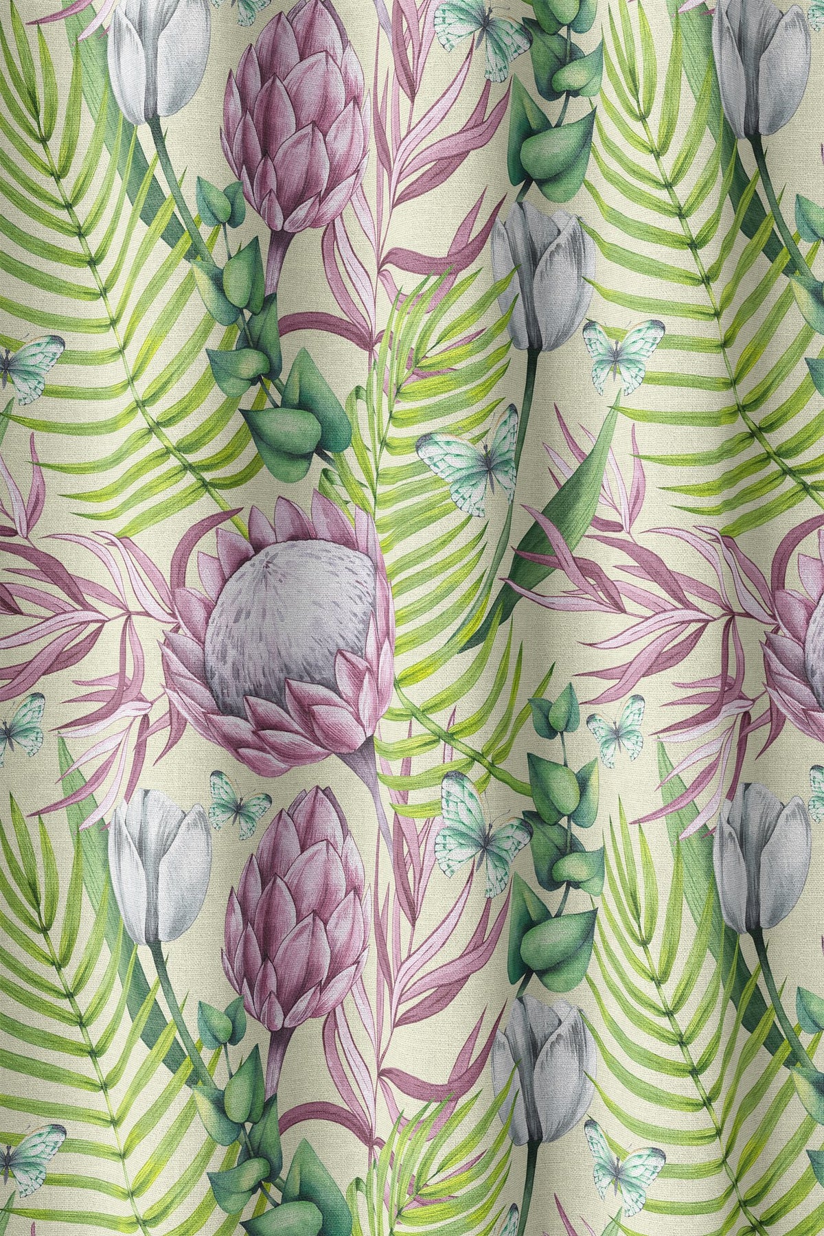 Flat view of the pink protea and fern print