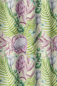 Flat view of the pink protea and fern print