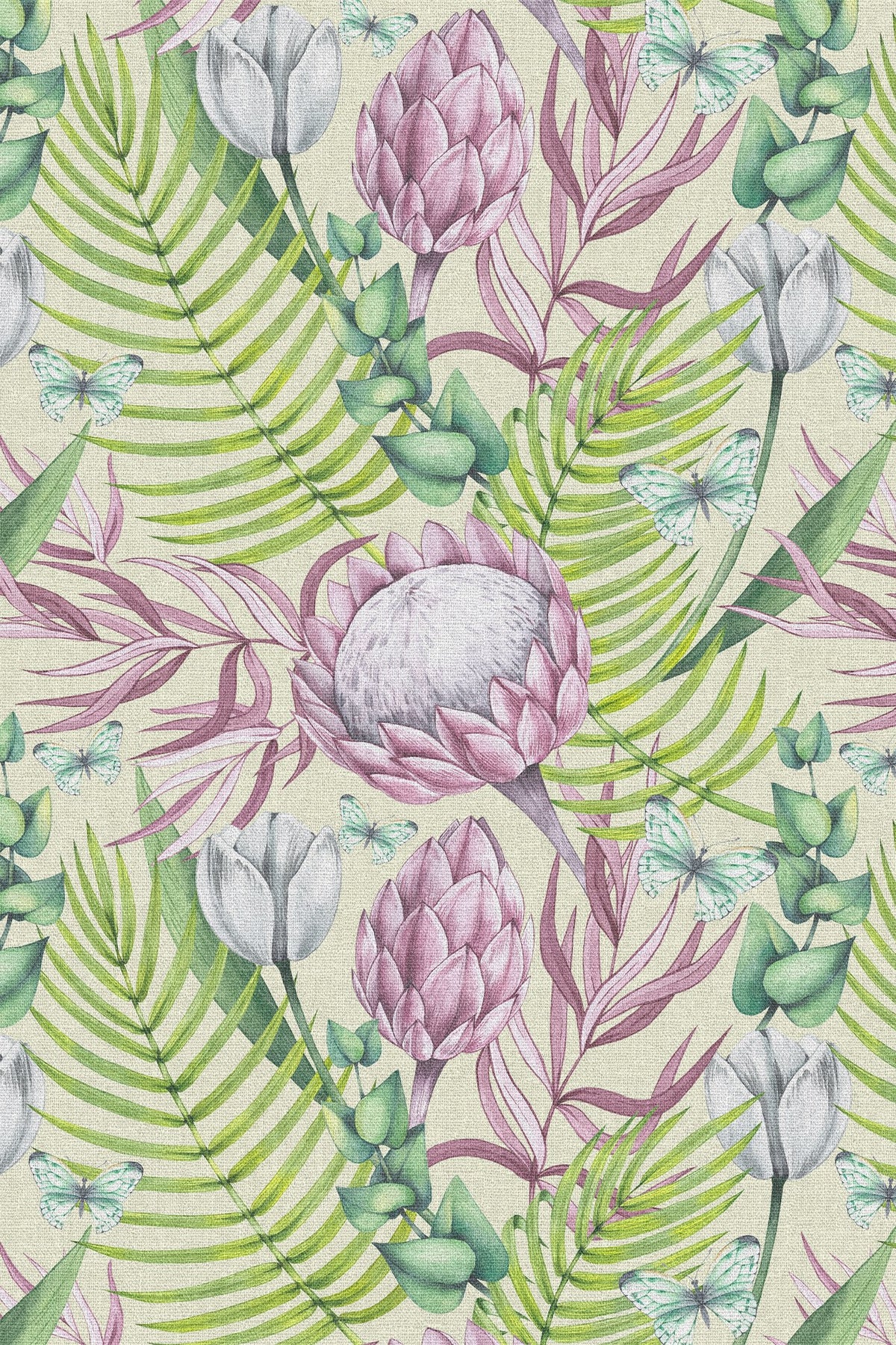 Close-up of the pink protea and fern pattern repeat