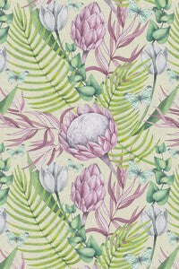 Close-up of the pink protea and fern pattern repeat