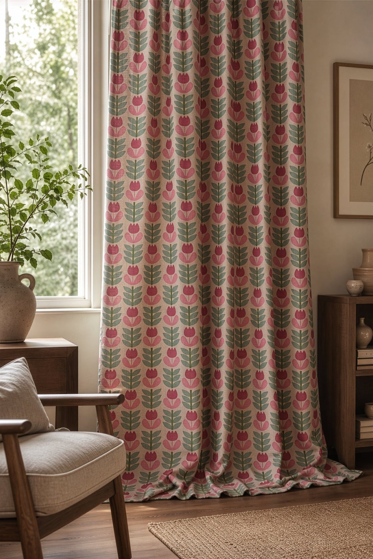 Pink retro tulip curtains in a living room