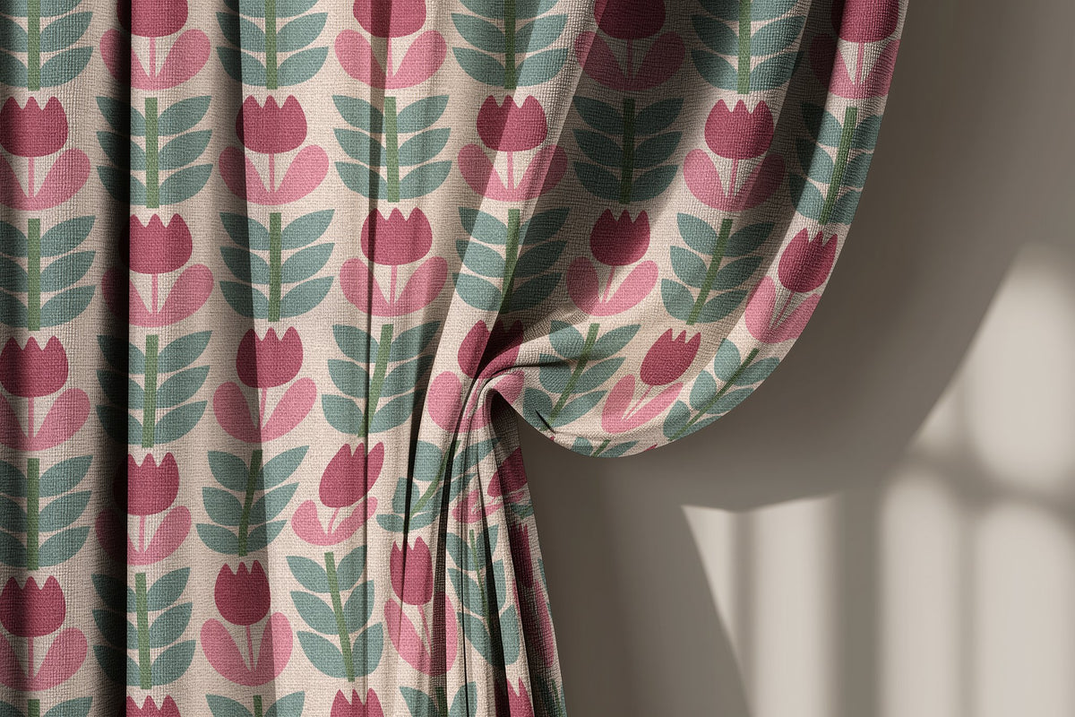 Pink retro tulip curtain gathered to one side