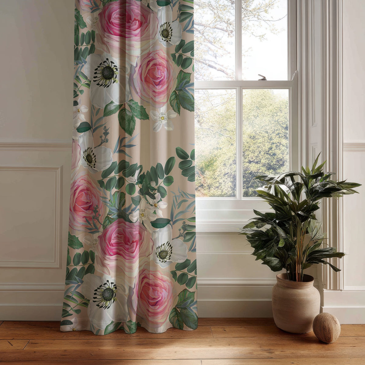 Pink rose floral curtain panel hanging by a white window