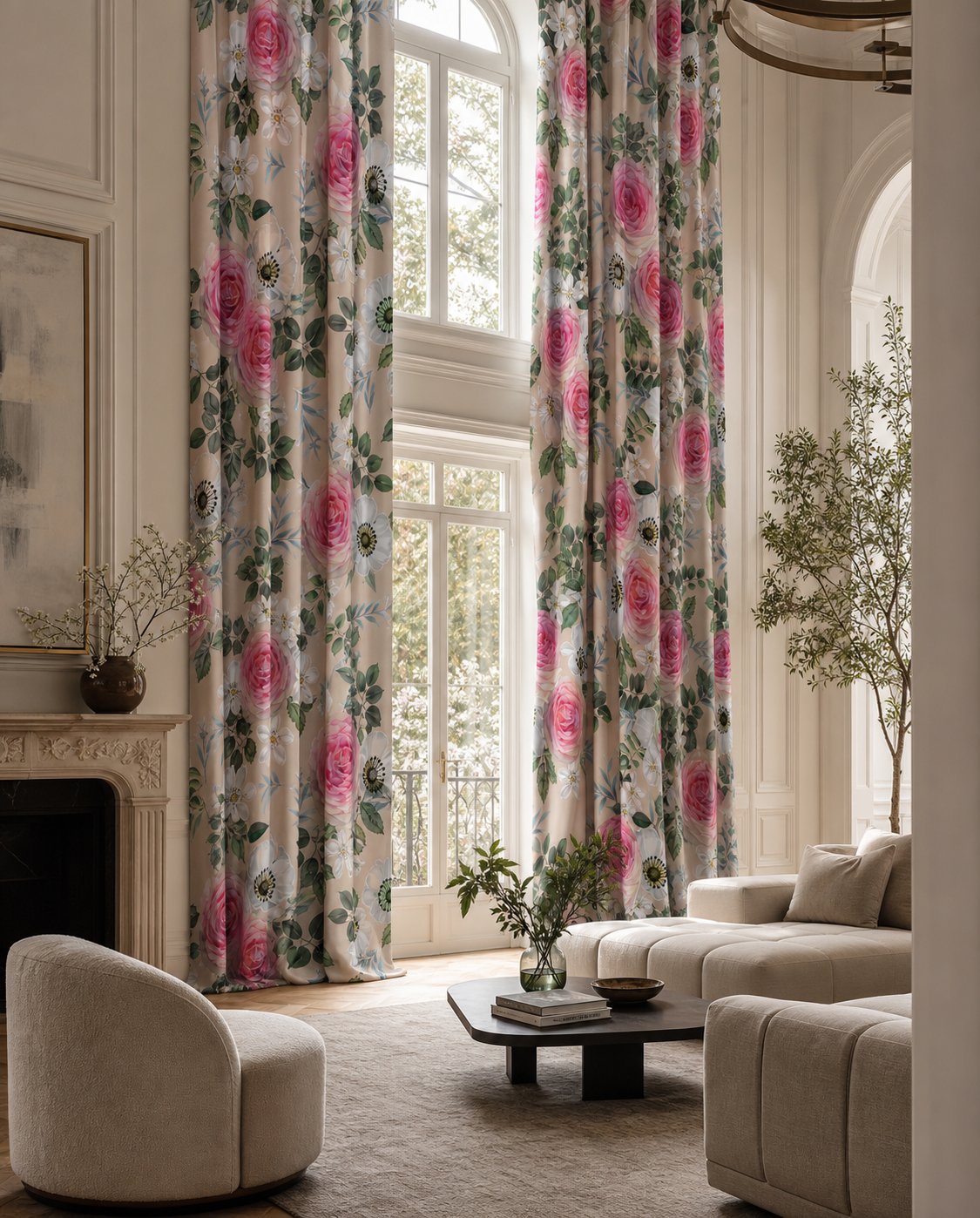 Pink rose floral curtains in a living room