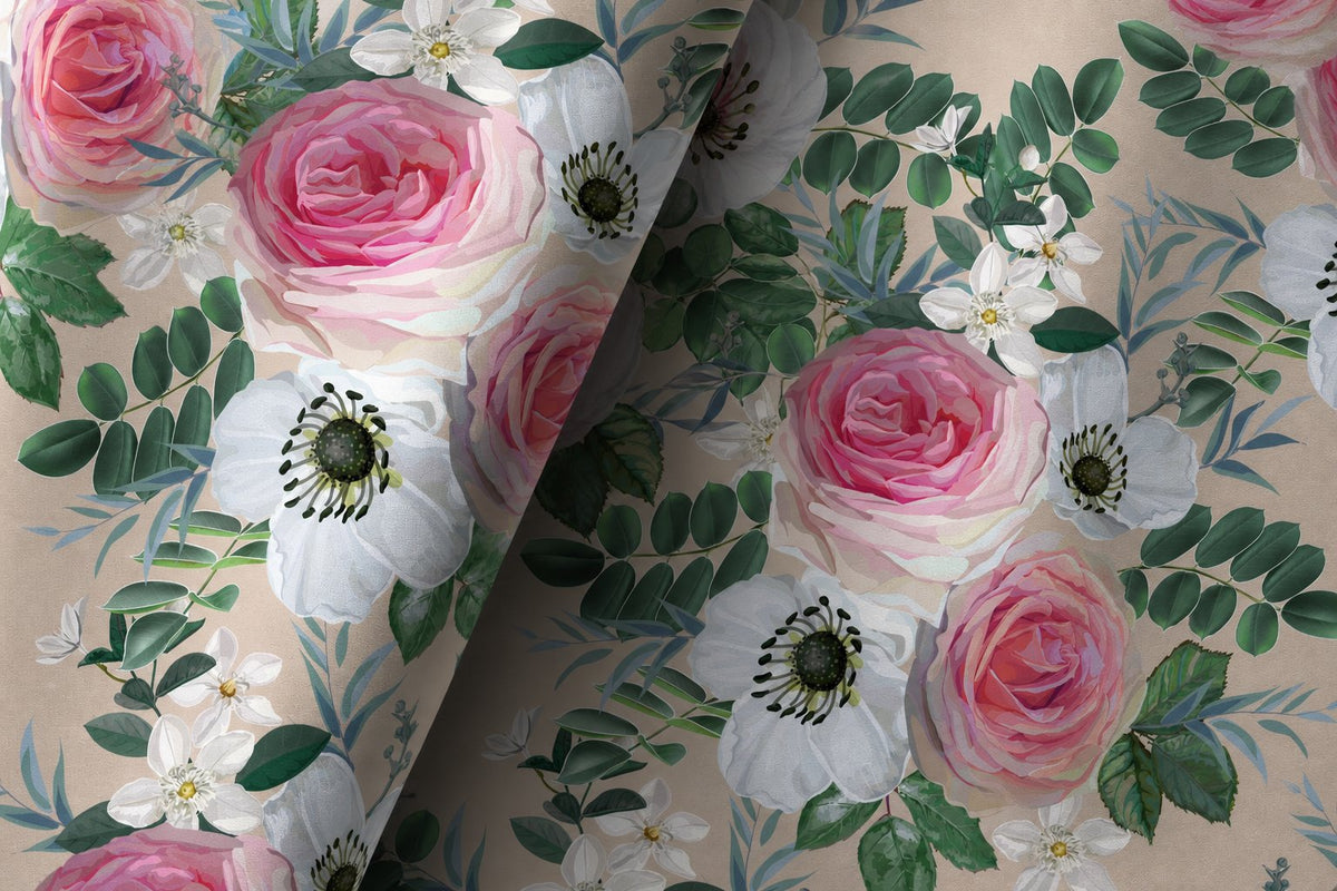 Pair of pink rose floral curtains in a living room