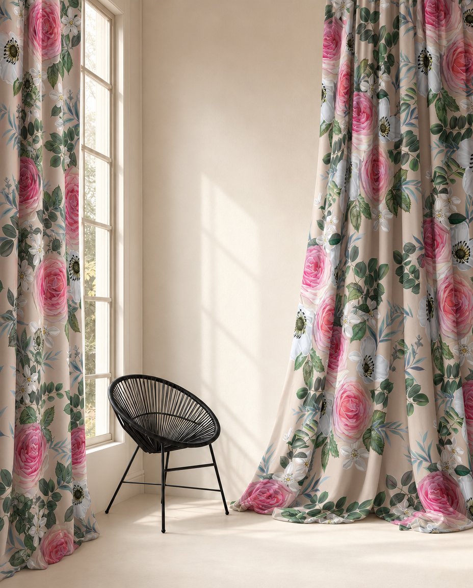 Pink rose floral curtains styled with neutral decor