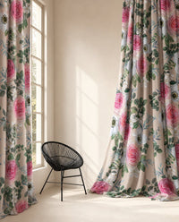 Pink rose floral curtains styled with neutral decor
