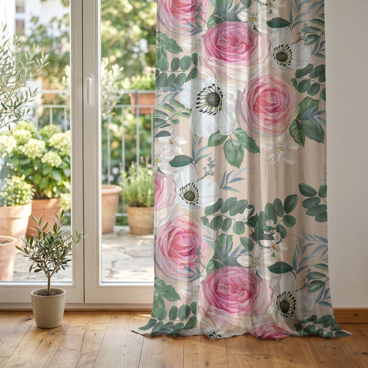 Pink rose floral curtain at glass patio doors