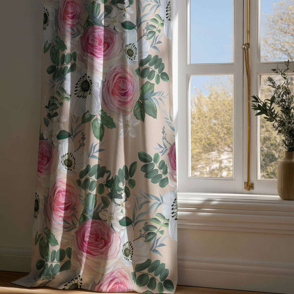Full-length pink rose floral curtain draping to a wooden floor