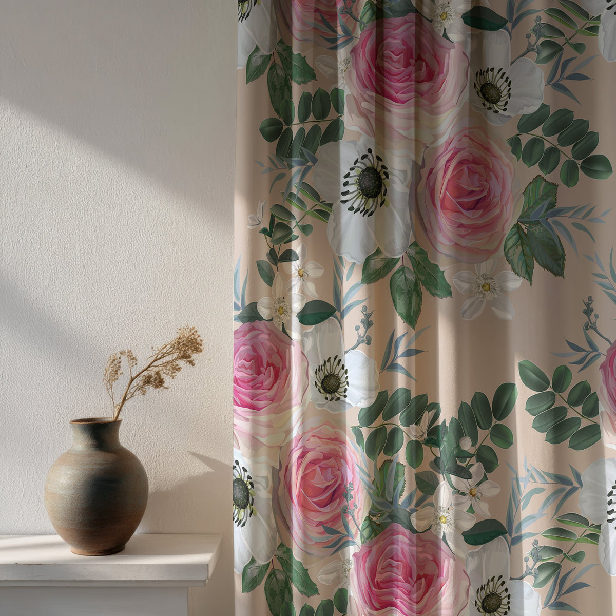 Soft daylight through a pink rose floral curtain