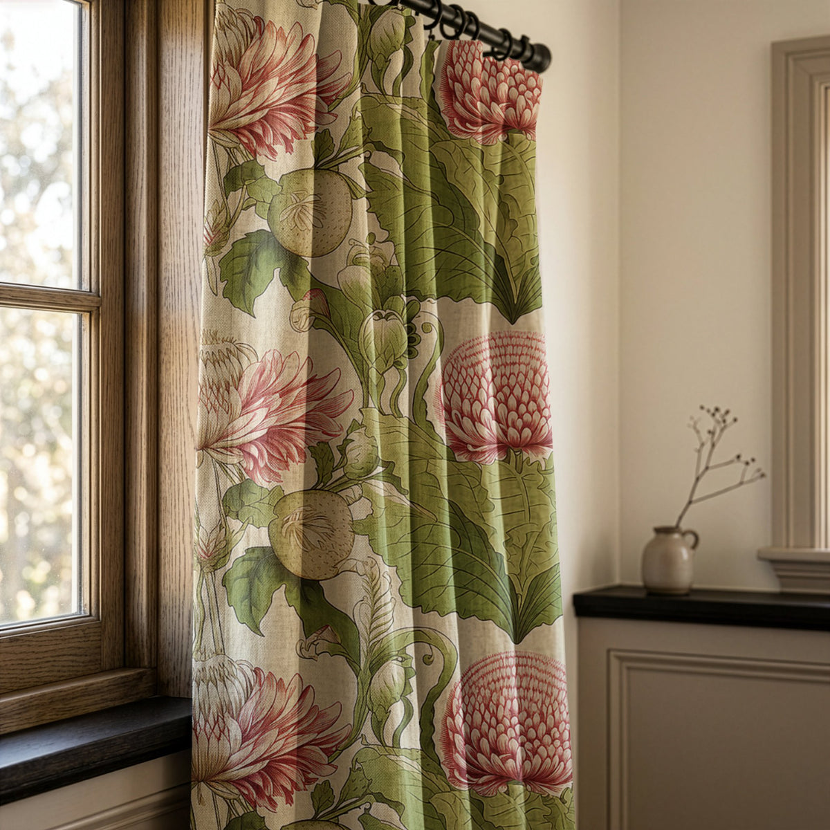 Pink thistle arts and crafts curtains in a warm living room